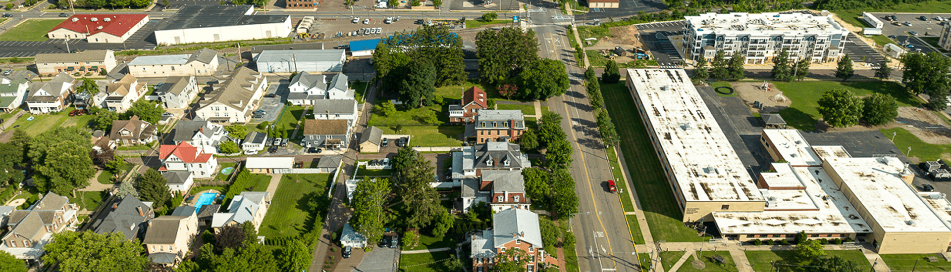 Arial view of Bloomsburg area showing roads, buildings, and the local neighborhood